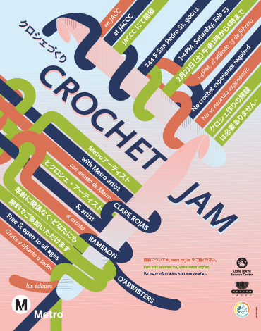 Trilingual poster for a Metro Art event featuring crocheting.