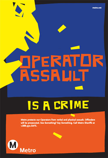 A cut-out image of an angry man yelling and a tagline stating that bus operator assault is a crime.