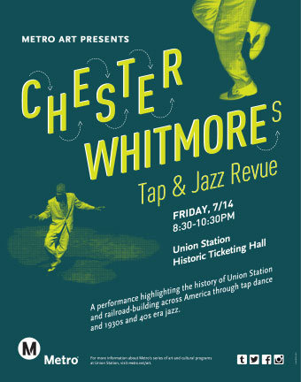 Green and yellow poster advertising Chester Whitmore's tap dancing show at Union Station.